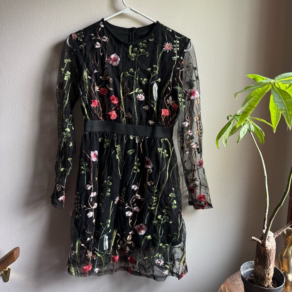 Botanical Floral Embroidery Black Dress